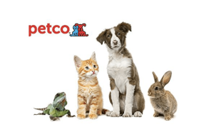 Petco礼品卡与白色背景的蜥蜴，猫，狗和兔子